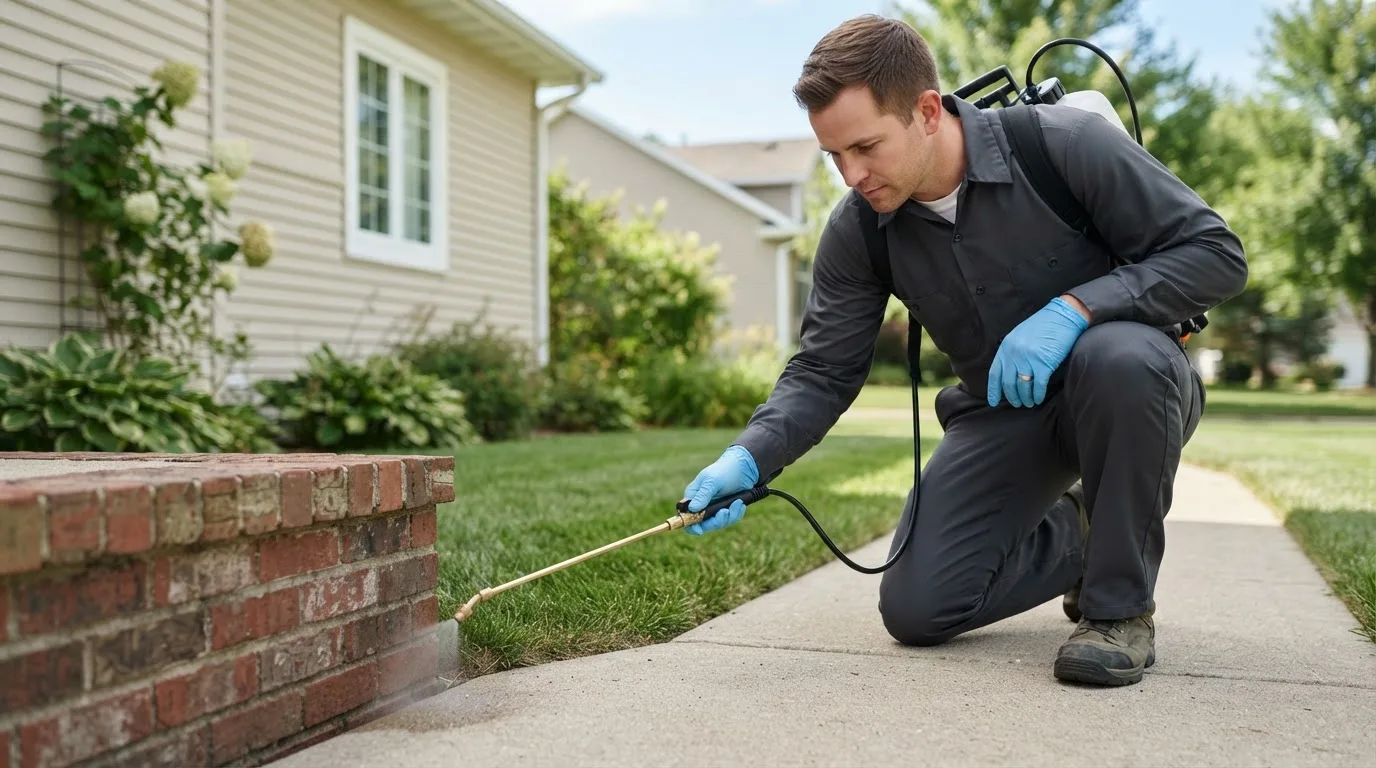 Pest control technician treating a home near Shumway, IL